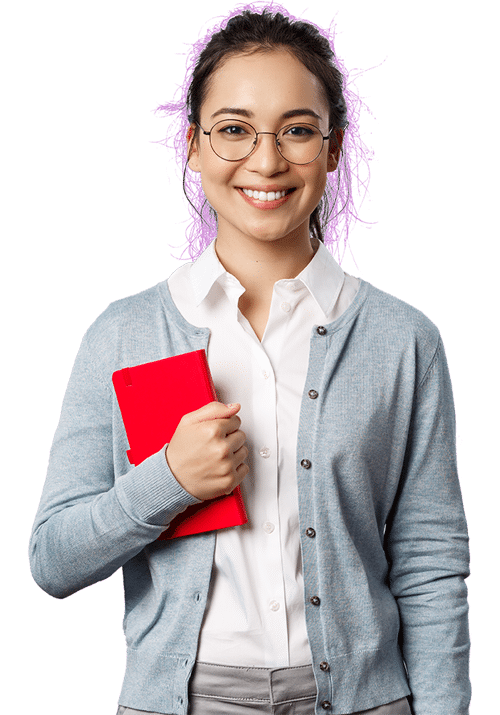 Professional woman with glasses holding red folder
